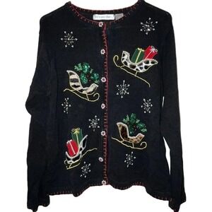 VTG Ugly Christmas Sweater Size Medium Black Animal Prints‎ Sleds Pearls Snow